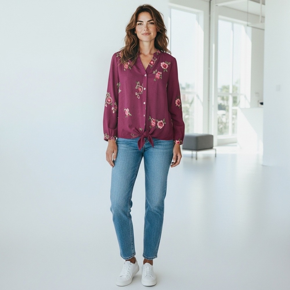 Figueroa & Flower Burgundy Floral Embroidered Tie Front Blouse Medium